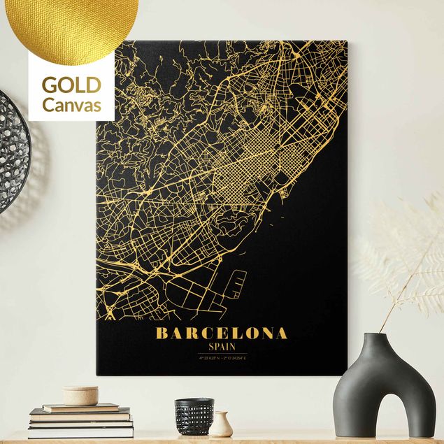 Leinwandbild Weltkarte Stadtplan Barcelona - Klassik Schwarz