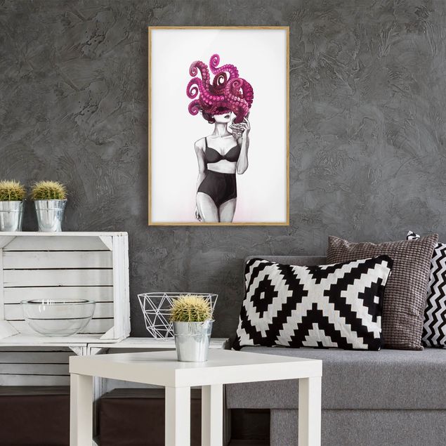 Moderne Bilder mit Rahmen Illustration Frau in Unterwäsche Schwarz Weiß Oktopus