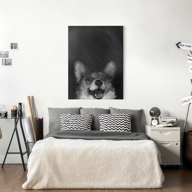 schwarz-weiß Bilder auf Leinwand Illustration Hund Corgi Malerei Schwarz Weiß