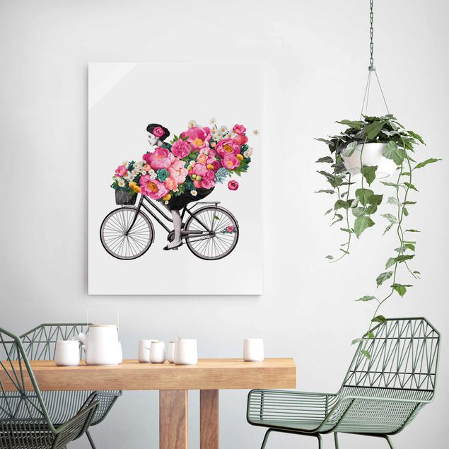 Glasbild - Illustration Frau auf Fahrrad Collage bunte Blumen - Hochformat 4:3
