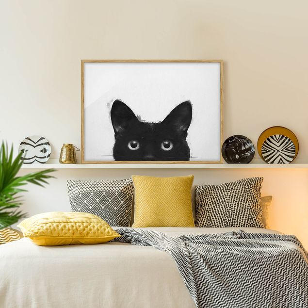 Tiere Bilder mit Rahmen Illustration Schwarze Katze auf Weiß Malerei