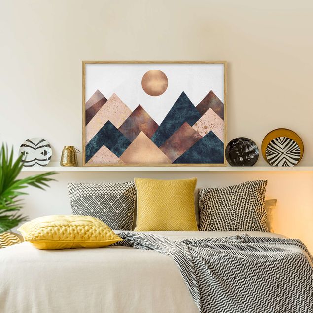 abstrakte Bilder mit Rahmen Geometrische Berge Bronze