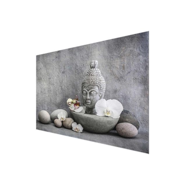 Glasbild - Zen Buddha, Orchideen und Steine - Querformat 2:3