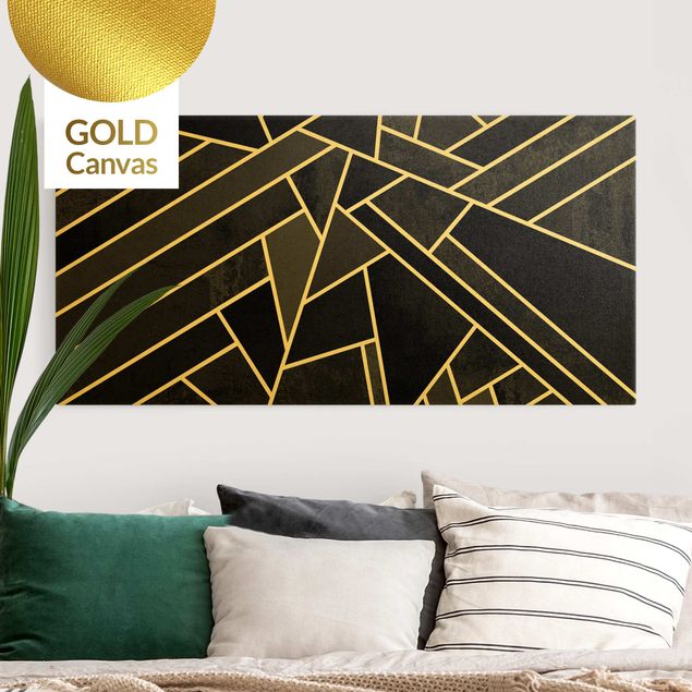 Leinwandbild Gold - Elisabeth Fredriksson - Goldene Geometrie - Schwarze Dreiecke - Querformat 1:2