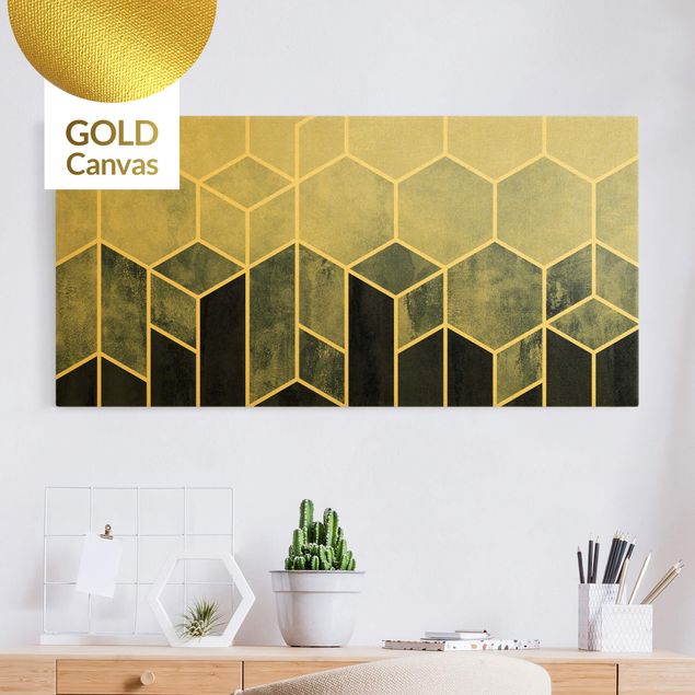 Leinwandbild Gold - Elisabeth Fredriksson - Goldene Geometrie - Sechsecke Blau Weiß - Querformat 1:2