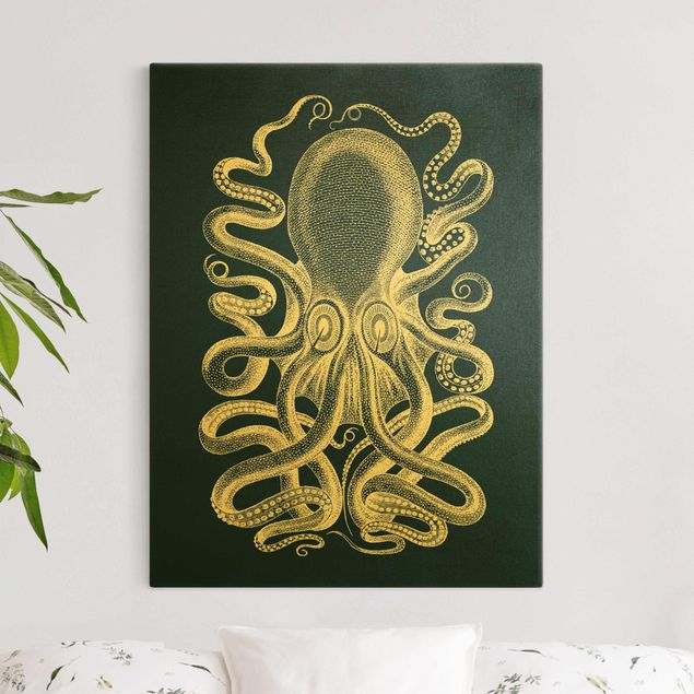 Leinwandbild Gold - Illustration Oktopus auf Blau - Hochformat 3:4