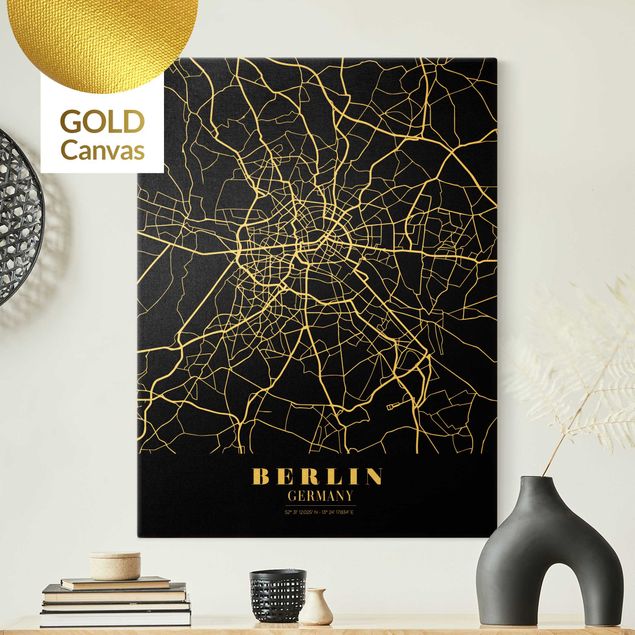 Leinwandbild mit Spruch Stadtplan Berlin - Klassik Schwarz