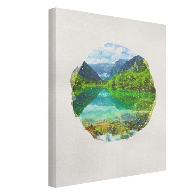 Leinwandbild - Wasserfarben - Bergsee mit Spiegelung - Hochformat 4:3