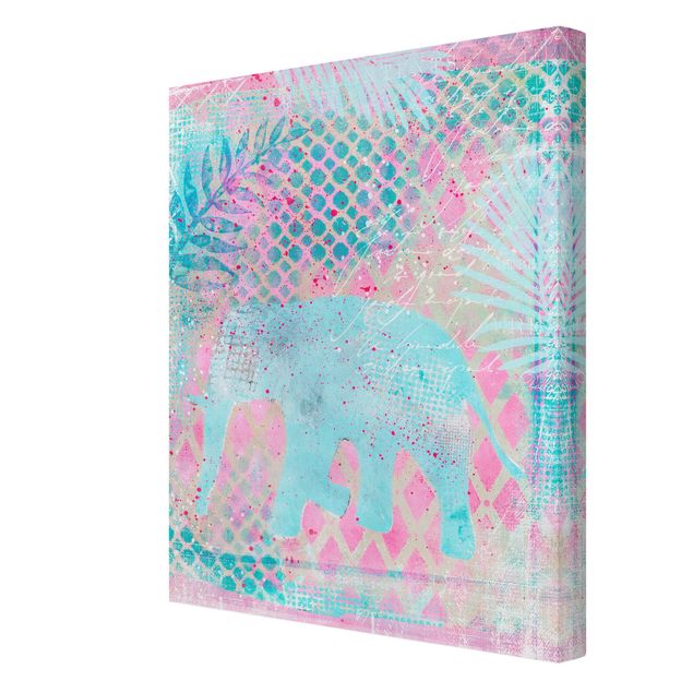 Leinwandbilder Bunte Collage - Elefant in Blau und Rosa