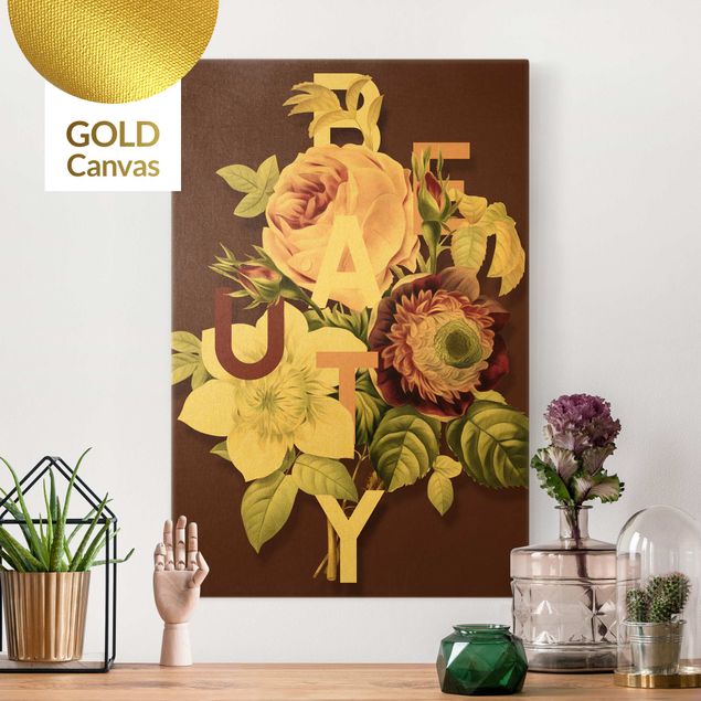 Leinwandbild Gold - Florale Typografie - Beauty - Hochformat 2:3