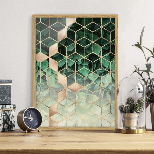 Moderne Bilder mit Rahmen Grüne Blätter goldene Geometrie