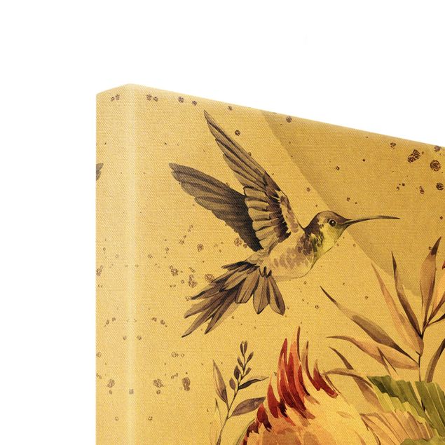 Leinwandbild Gold - Tropische Vögel - Bunte Kakadus und Kolibri - Querformat 3:4