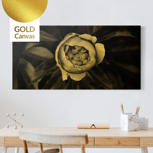 Leinwandbild Gold - Pfingstrosenblüte vor Blättern Schwarz Weiß - Querformat 1:2