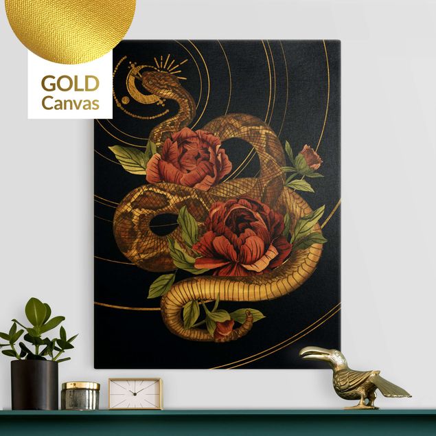 Leinwandbild Gold - Schlange mit Rosen Schwarz und Gold I - Hochformat 3:4