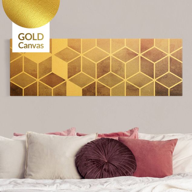 Leinwandbild Gold - Goldene Geometrie - Rosa Grau - Panorama 3:1
