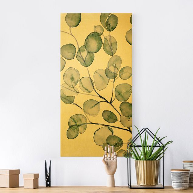 Leinwandbild Gold - Grünes Aquarell Eukalyptuszweig - Hochformat 1:2