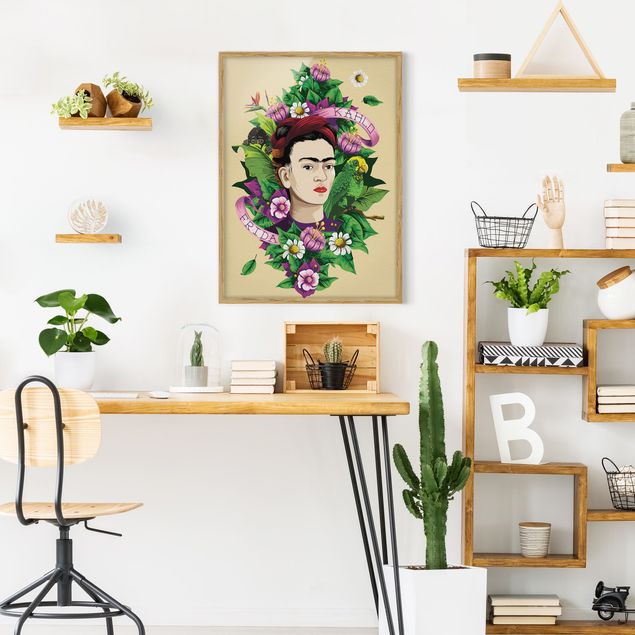 Blumen Bilder mit Rahmen Frida Kahlo - Frida, Äffchen und Papagei