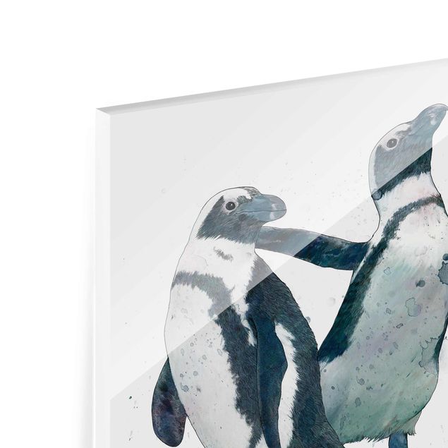 Glasbild - Illustration Pinguine Schwarz Weiß Aquarell - Querformat 2:3