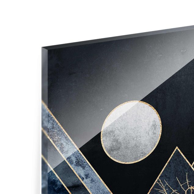 Glasbild - Goldener Mond abstrakte schwarze Berge - Quadrat 1:1