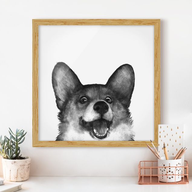 Moderne Bilder mit Rahmen Illustration Hund Corgi Weiß Schwarz Malerei