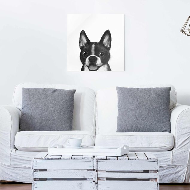 Glasbilder Schwarz-Weiß Illustration Hund Boston Schwarz Weiß Malerei