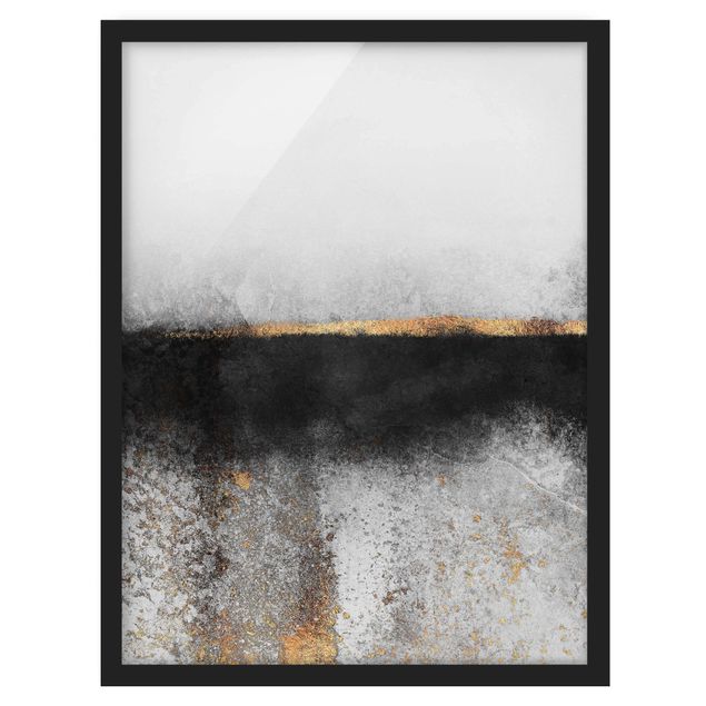 Bild mit Rahmen - Abstrakter Goldener Horizont Schwarz Weiß - Hochformat 4:3