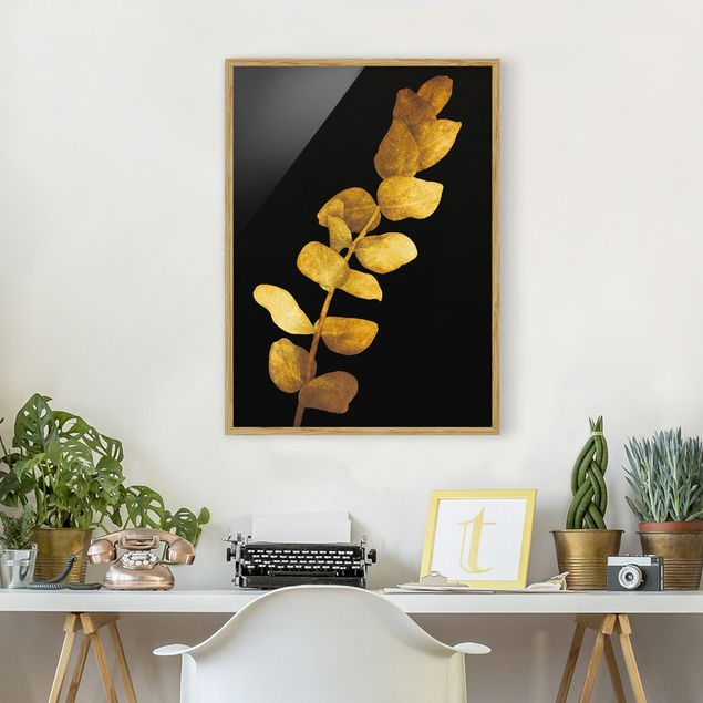 Bilder gerahmt Blumen Gold - Eukalyptus auf Schwarz