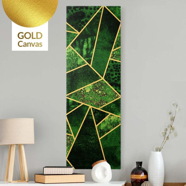 Leinwandbild Gold - Elisabeth Fredriksson - Goldene Geometrie - Dunkler Smaragd - Panorama Hoch