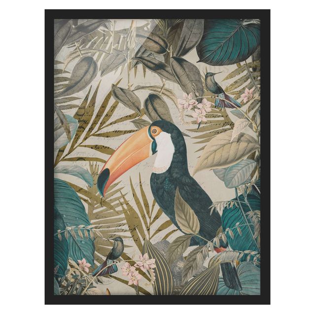 Bild mit Rahmen - Vintage Collage - Tukan im Dschungel - Hochformat 4:3