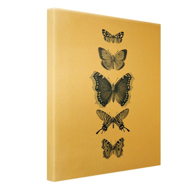 Leinwandbild Gold - Tusche Schmetterlinge auf Beige - Hochformat 3:4