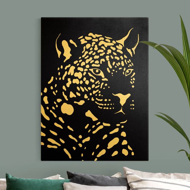 Leinwandbild Gold - Safari Tiere - Portrait Leopard Schwarz - Hochformat 4:3