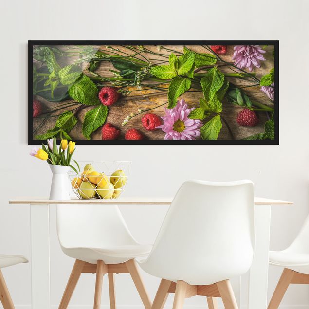 Bild mit Rahmen - Blumen Himbeeren Minze - Panorama Querformat