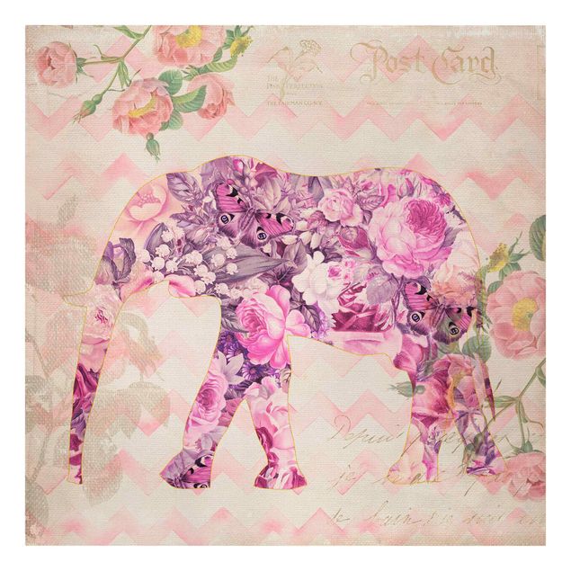 Leinwandbild - Vintage Collage - Rosa Blüten Elefant - Quadrat 1:1