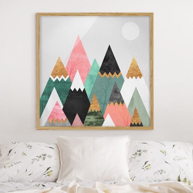 Abstrakte Bilder mit Rahmen Dreieckige Berge mit Goldspitzen