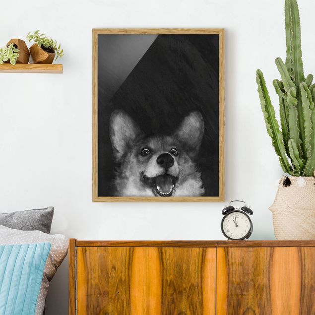 schwarz-weiß Bilder gerahmt Illustration Hund Corgi Malerei Schwarz Weiß