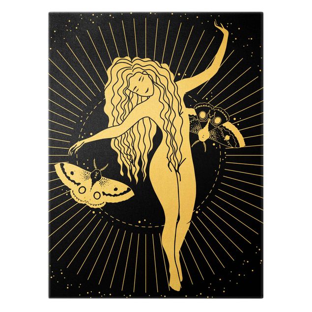 Leinwandbild Gold - Illustration Sterntänzerin und Nachtfalter - Hochformat 4:3