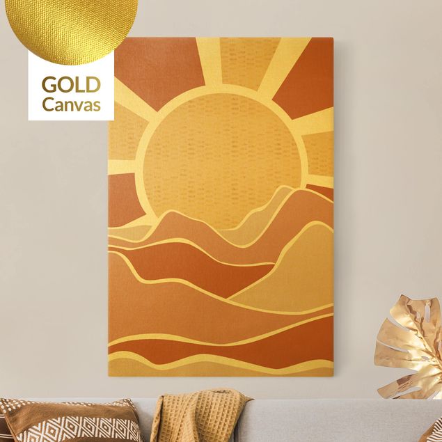 Leinwandbild Gold - Berglandschaft mit goldenem Sonnenaufgang - Hochformat 3:2