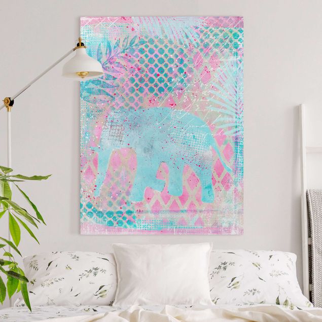 Elefant Leinwand Bunte Collage - Elefant in Blau und Rosa