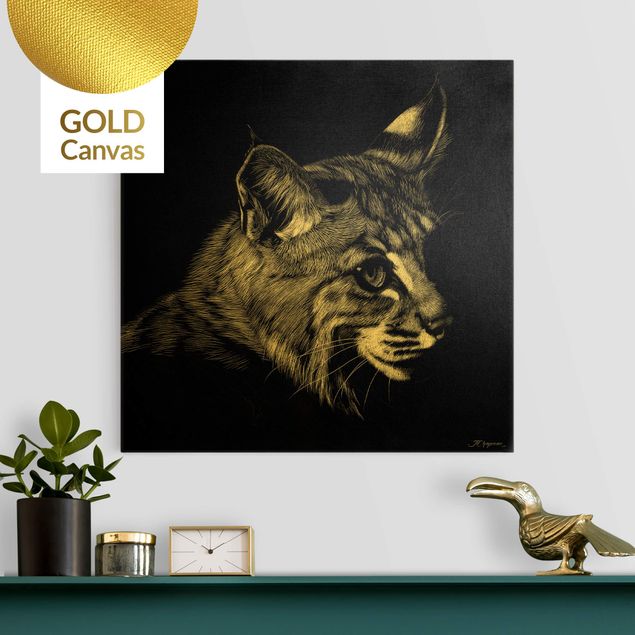 Leinwandbild Gold - Vintage Katze vor Schwarz - Quadrat 1:1