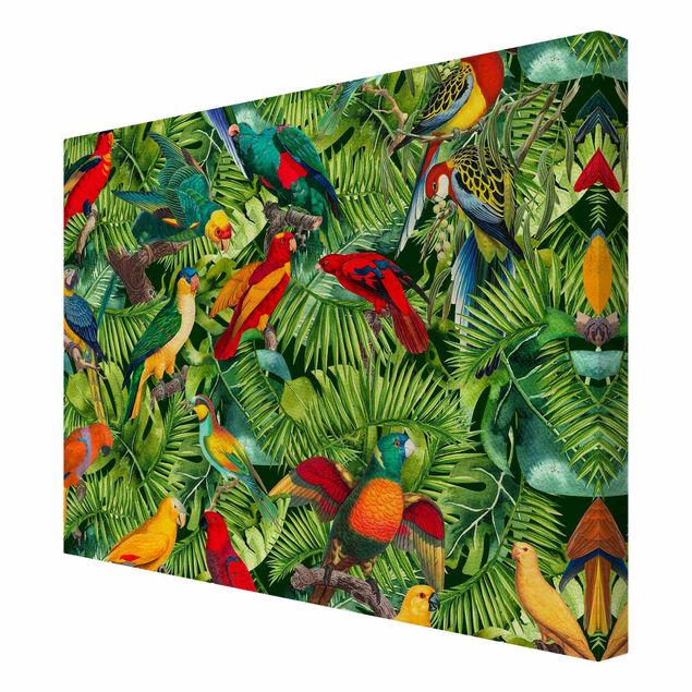 Leinwandbild - Bunte Collage - Papageien im Dschungel - Querformat 3:4