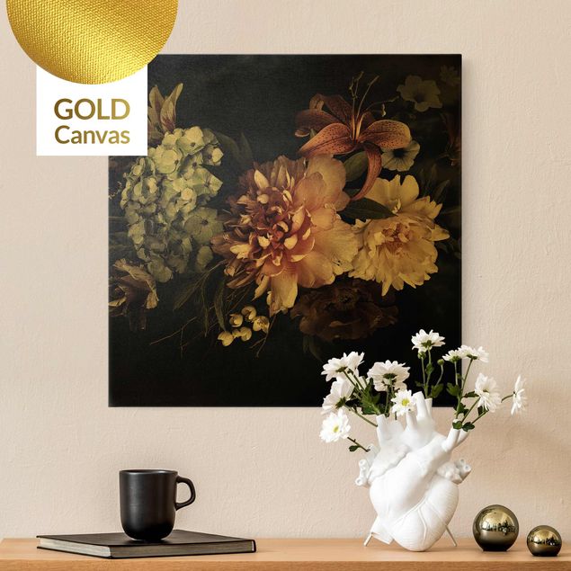 Leinwandbild Gold - Blumen mit Nebel auf Schwarz - Quadrat 1:1