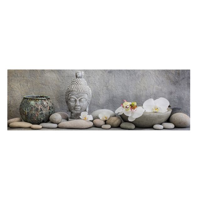 Leinwandbild - Zen Buddha mit weißen Orchideen - Panorama 1:3