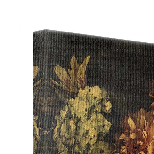 Leinwandbild Gold - Blumen mit Nebel auf Schwarz - Quadrat 1:1