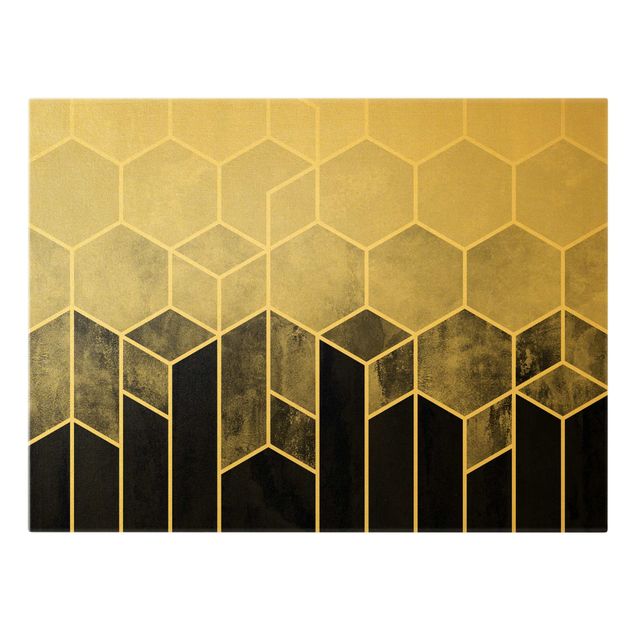 Leinwandbild Gold - Elisabeth Fredriksson - Goldene Geometrie - Sechsecke Schwarz Weiß - Querformat 3:4
