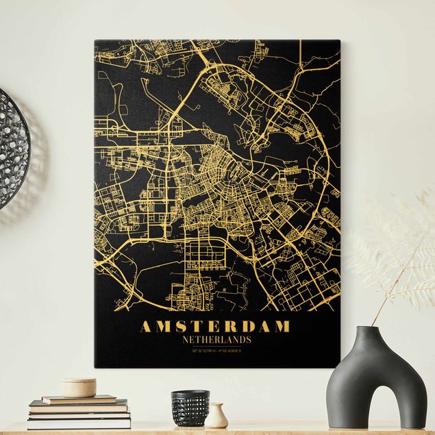 schöne Bilder Stadtplan Amsterdam - Klassik Schwarz