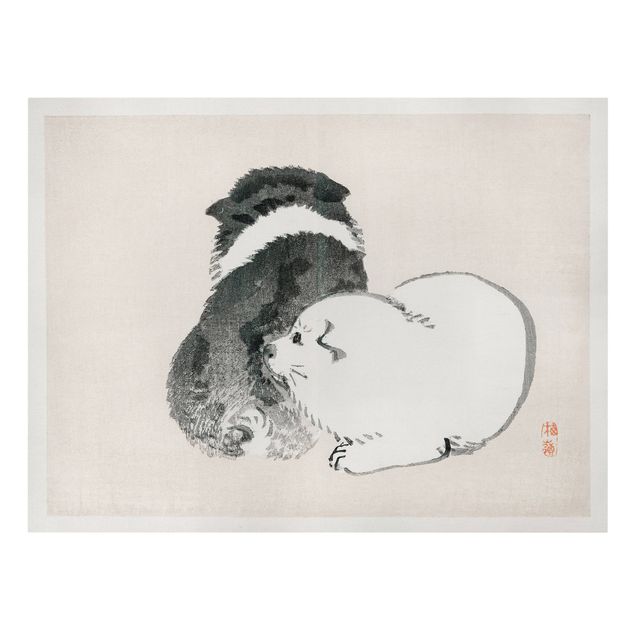 schöne Leinwandbilder Asiatische Vintage Zeichnung Schwarze und weiße Hündchen