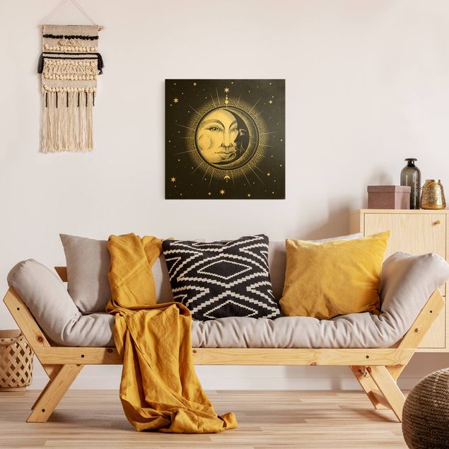 Leinwandbild Gold - Vintage Sonne und Mond Illustration - Quadrat 1:1