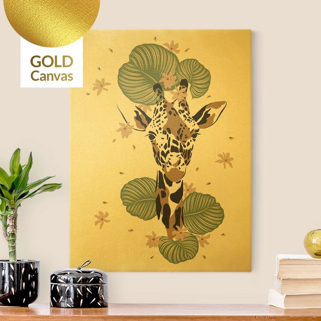 Leinwandbild Gold - Safari Tiere - Portrait Giraffe - Hochformat 3:4