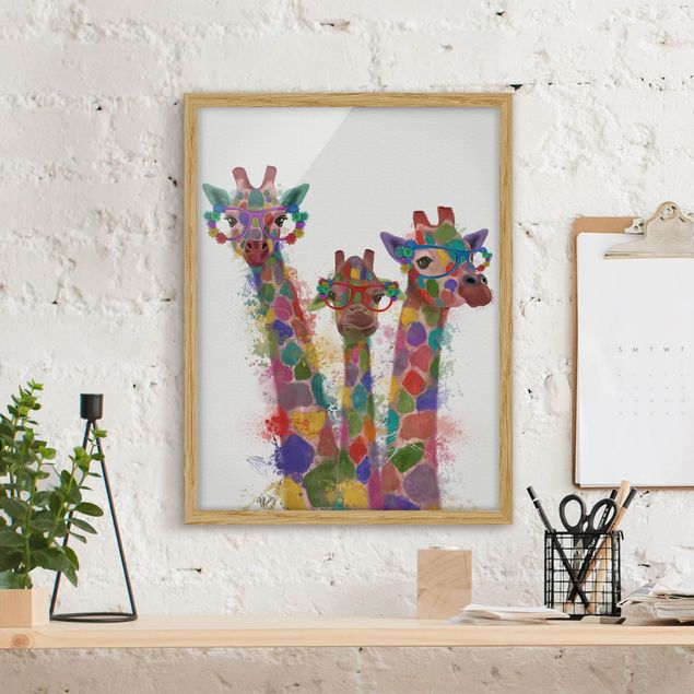 Moderne Bilder mit Rahmen Regenbogen Splash Giraffen-Trio