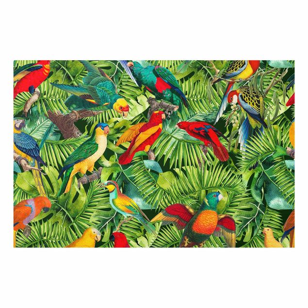 Glasbilder Bunte Collage - Papageien im Dschungel